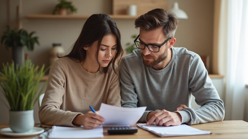 Семья обсуждает финансовый план за столом с документами и калькулятором