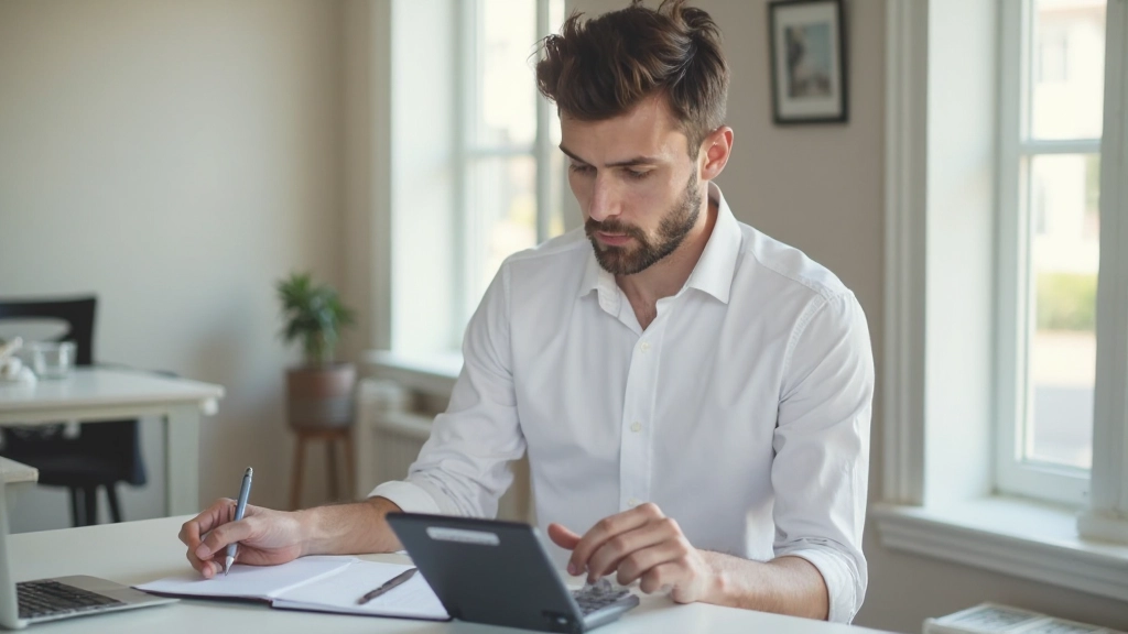 Профессиональное фото молодого человека работающего с калькулятором и финансовыми отчетами