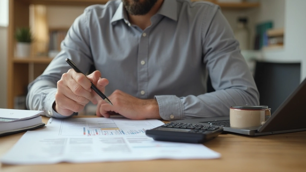 Человек работает с бюджетной таблицей и финансовыми документами на деревянном столе