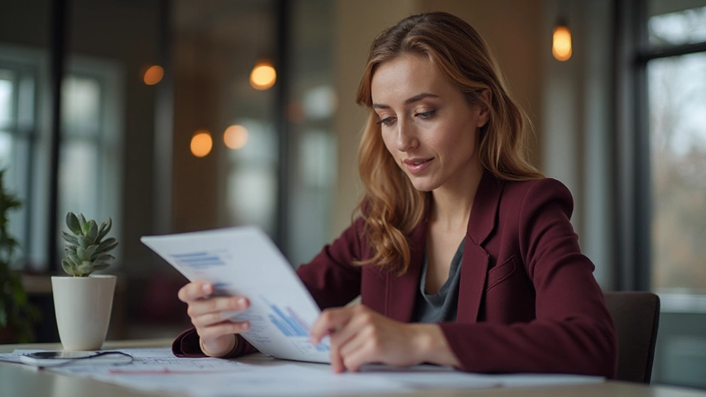 Профессиональное фото женщины анализирующей финансовые данные на ноутбуке в офисе